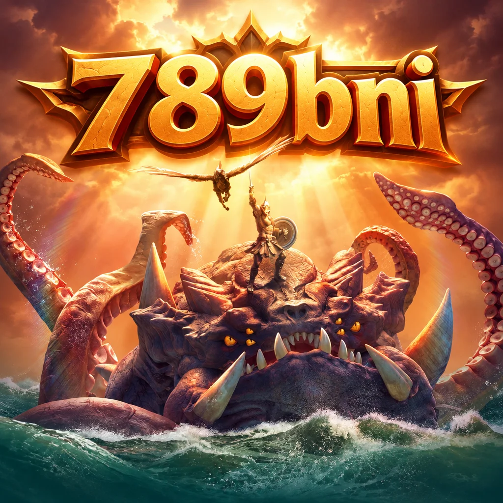 Logo 789bni di atas pahlawan Perseus yang berdiri di atas monster laut Kraken
