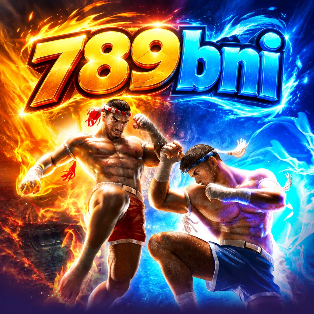 Logo 789bni dengan dua petarung Muay Thai berlatar kobaran api dan energi biru